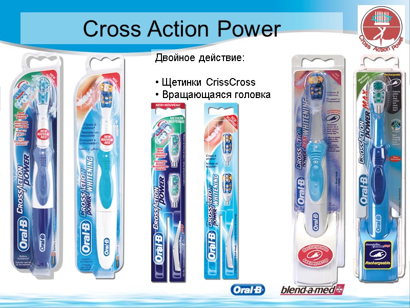 Двойное действие:   Щетинки CrissCross   Вращающаяся головка Cross Action Power